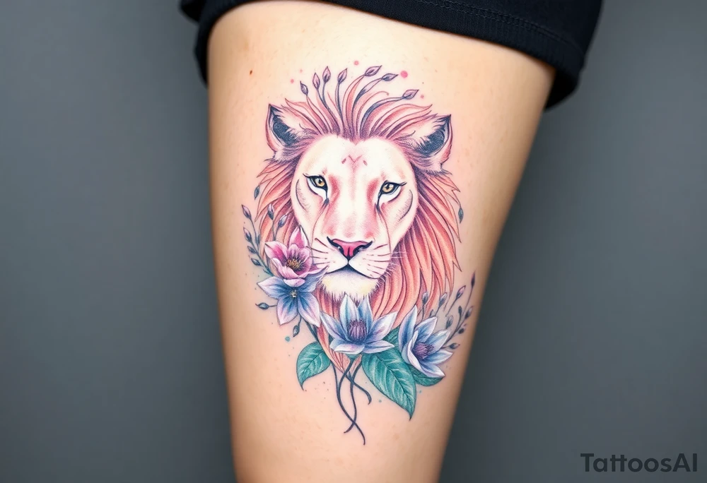 Lion with larkspur and water lilies tattoo idea