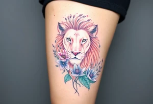 Lion with larkspur and water lilies tattoo idea