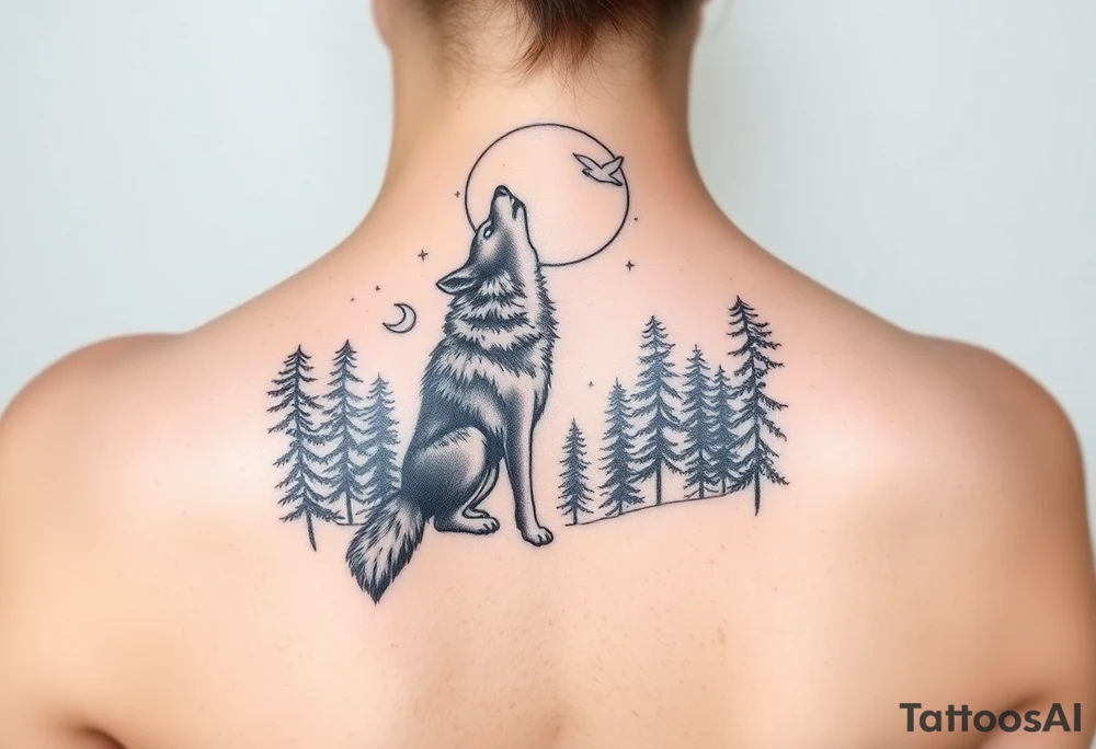 Lone wolf howling at the moon stars in the night sky in a forest with a little dove in the sky tattoo idea