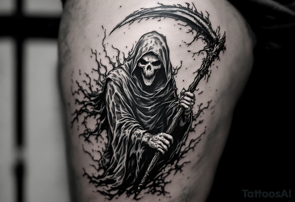 A fiery Reaper in lava-toned robes wielding a charred black scythe. tattoo idea