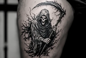A fiery Reaper in lava-toned robes wielding a charred black scythe. tattoo idea
