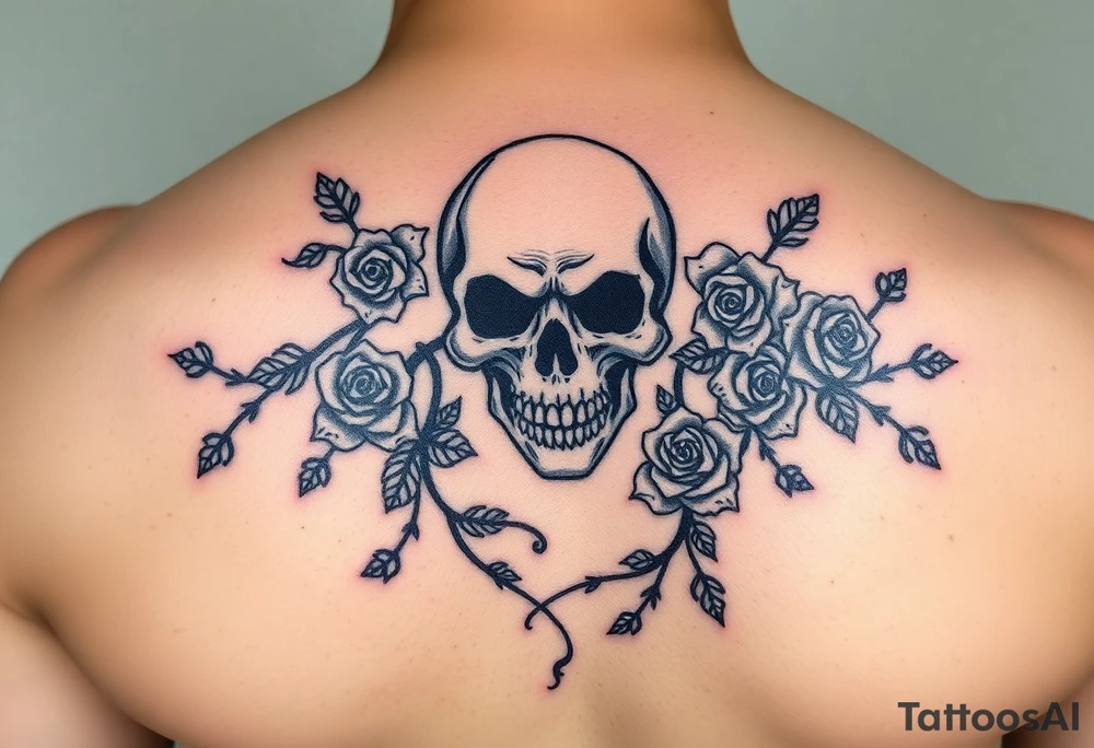 gothic skull intertwined with climbing roses and thorny vines tattoo idea