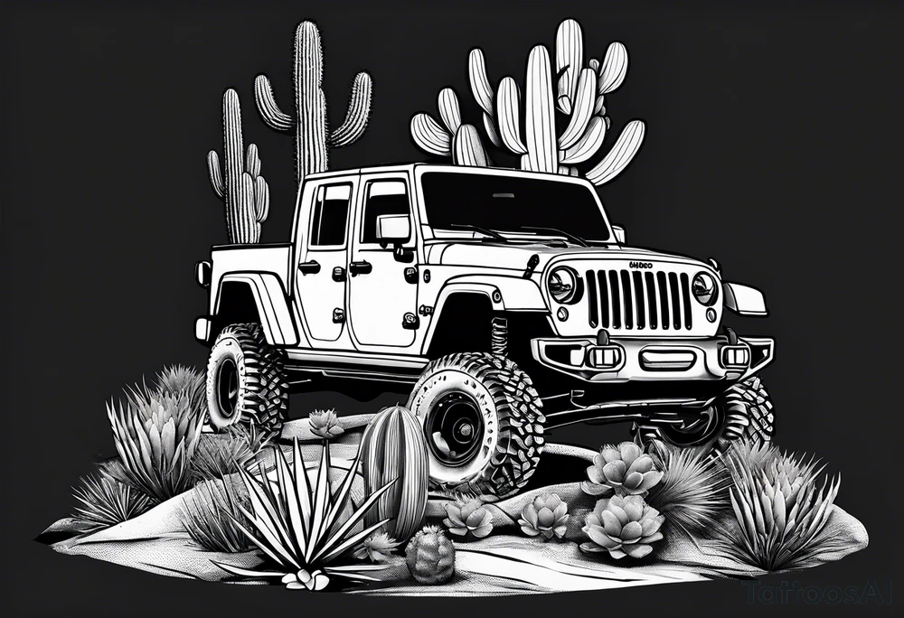 A dessert mountain with a jeep gladiator donkey cactus tattoo idea