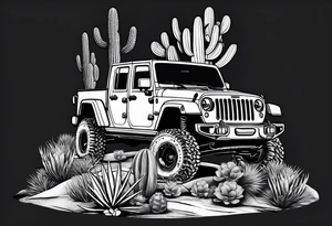 A dessert mountain with a jeep gladiator donkey cactus tattoo idea