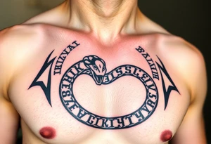 A Viking-inspired Ouroboros snake forming cyrcle with Norse runes engraved along its body, colored in deep charcoal with silver etchings. tattoo idea