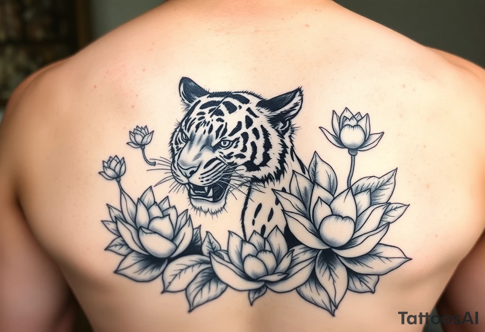 fierce tiger emerging through blooming lotus flowers in mist tattoo idea