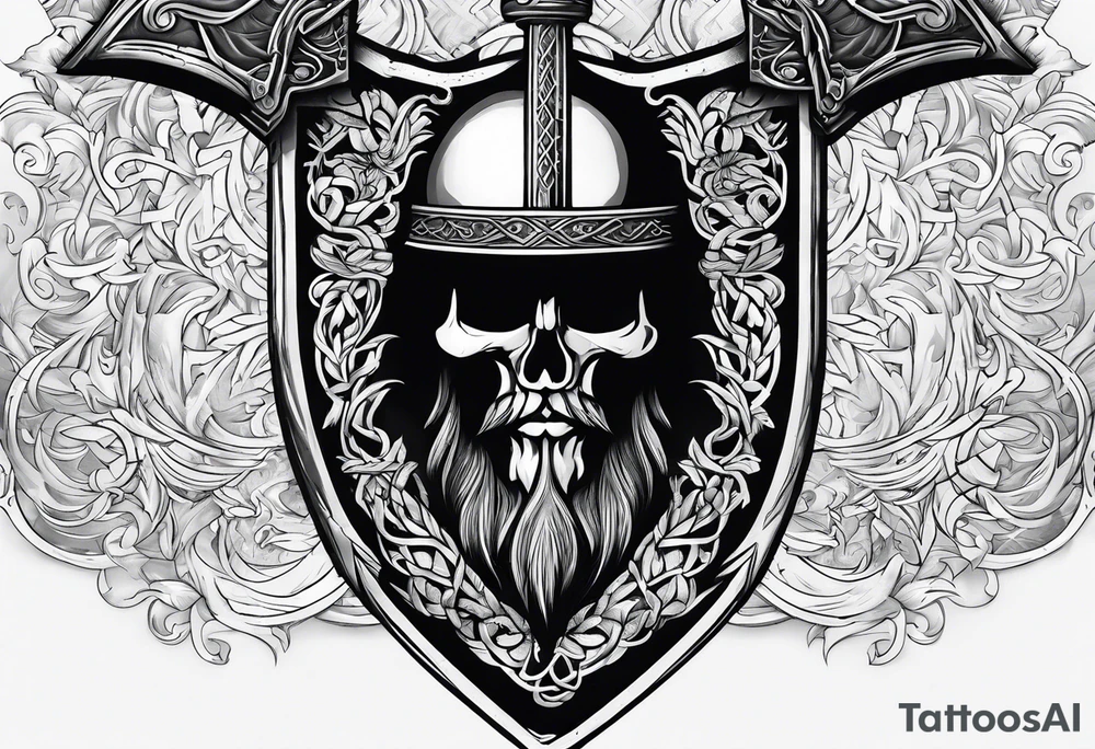 Valhalla sword shield axe mist fog tattoo idea