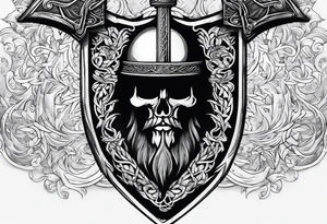 Valhalla sword shield axe mist fog tattoo idea