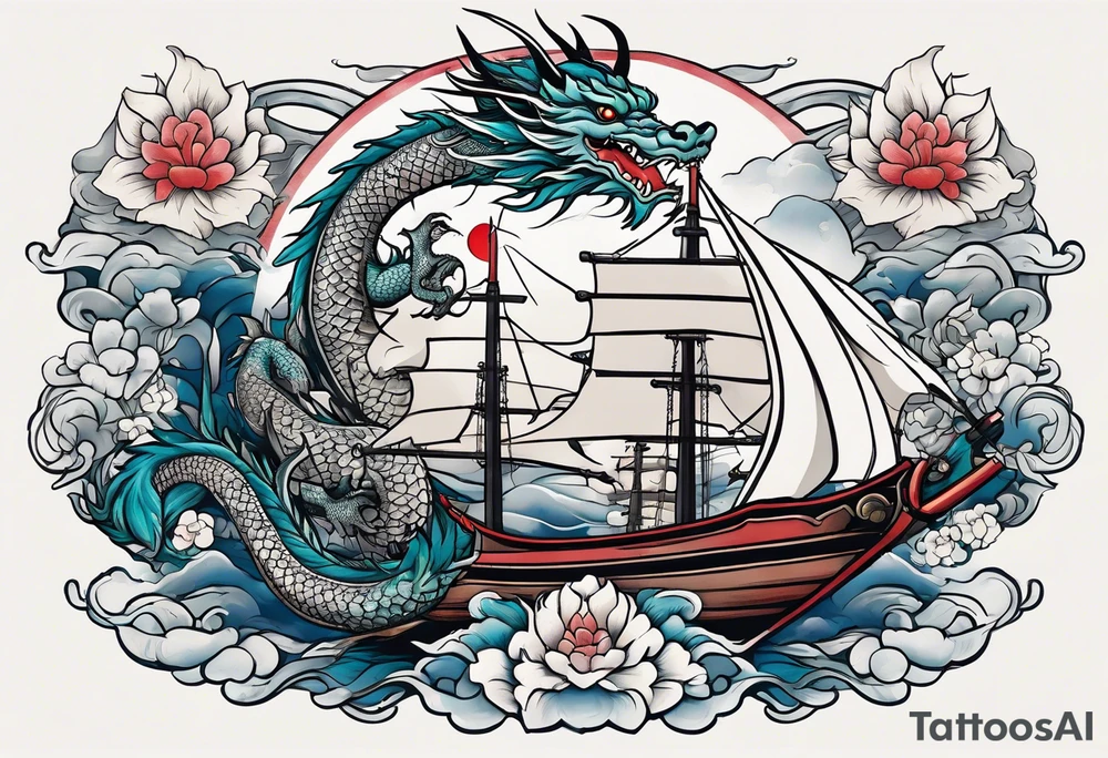 Asian dragon wrapping around a ship anchor centered on the Korean flag tattoo idea