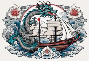 Asian dragon wrapping around a ship anchor centered on the Korean flag tattoo idea