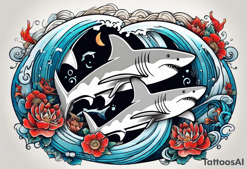 Two sharks Japanese waves with Pisces sign in middle tattoo idea