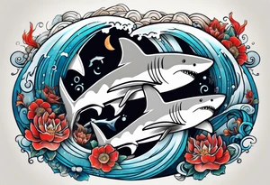 Two sharks Japanese waves with Pisces sign in middle tattoo idea