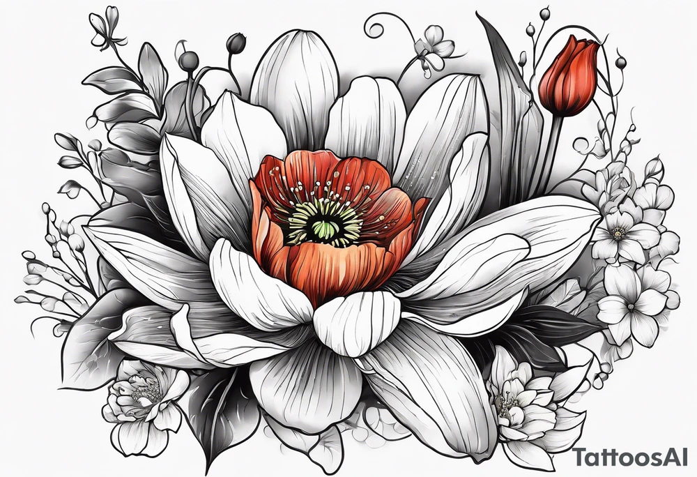 Poppy, water lily, Lily of the valley, daffodil, cosmo, flower bouquet, portrait style tattoo idea