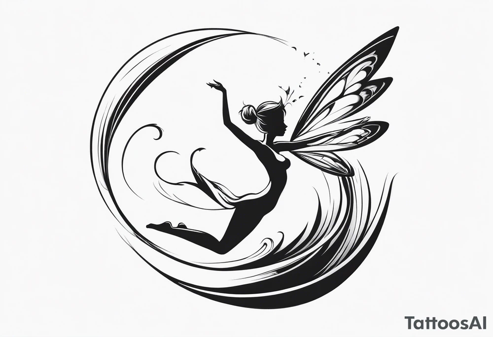 Minimalistic, monochromatic fairy with a tail flying to the left in a fetal position, leaning and looking in the same direction, with visible hands, embodying the 'Fairy Tail' logo aesthetic. tattoo idea