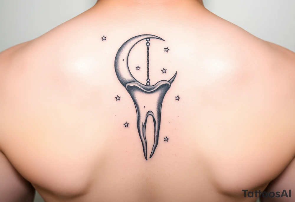 A molar tooth dangling like a pendant from a crescent moon with tiny stars scattered around, soft watercolor pastel style.” tattoo idea