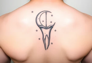 A molar tooth dangling like a pendant from a crescent moon with tiny stars scattered around, soft watercolor pastel style.” tattoo idea