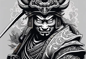 samurai with a hannya mask that covers half of his face who is in a slightly tilted posture holding a katana in an attack position tattoo idea