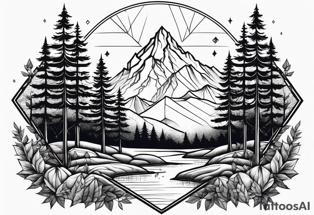 a forest along the edges with mountains below and in the distance with full trees and a diamond in the middle tattoo idea