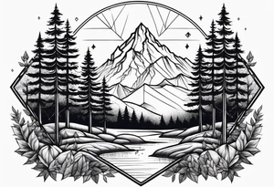 a forest along the edges with mountains below and in the distance with full trees and a diamond in the middle tattoo idea