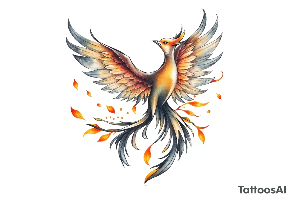 magnificent phoenix rising from golden flames with trailing embers tattoo idea