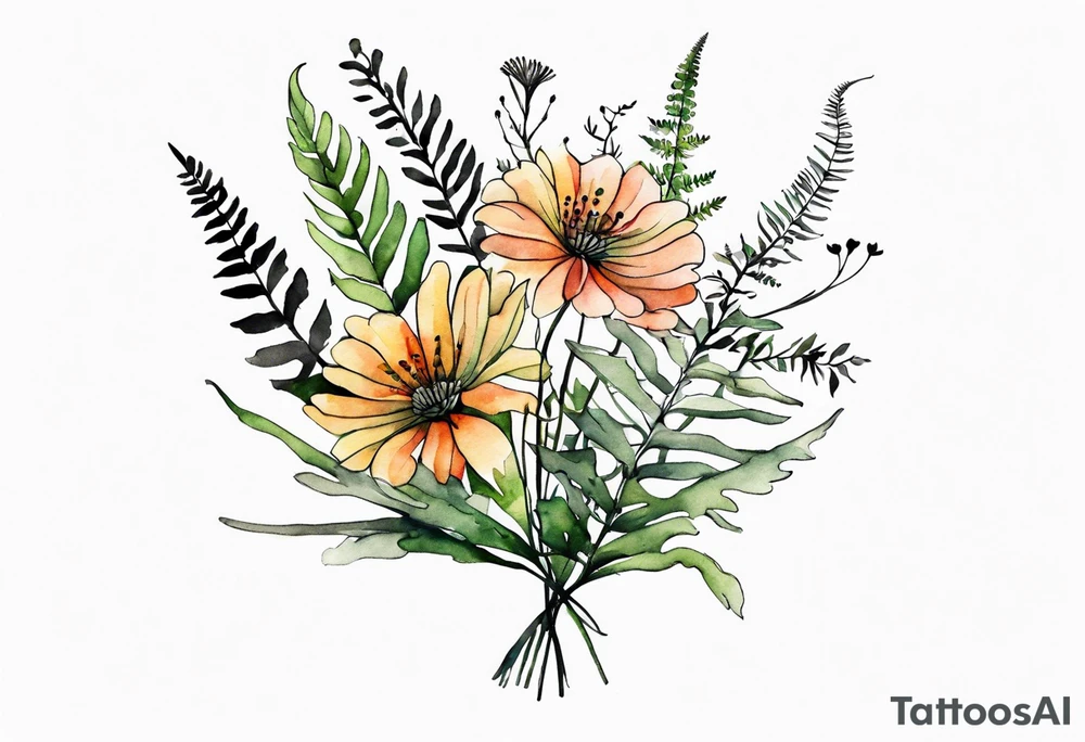 wild flowers long stems bouquet with ferns all watercolor tattoo idea