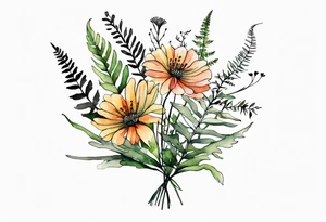 wild flowers long stems bouquet with ferns all watercolor tattoo idea