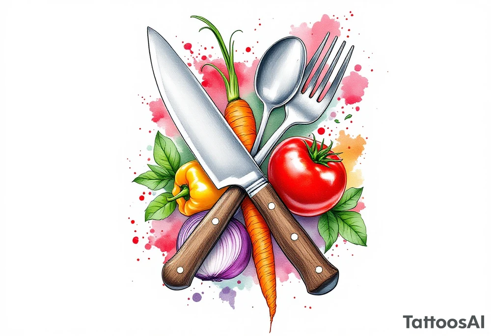 A realistic kitchen tattoo design showing a stainless steel chef’s knife with a brown wooden handle crossed over a silver fork and spoon, surrounded by fresh vegetables: a bright red tomato, an orange carrot with green leaves, a purple onion, green basil leaves, and a yellow bell pepper — all arranged in a circular layout with soft watercolor splashes in red, green, orange, and violet behind them. tattoo idea
