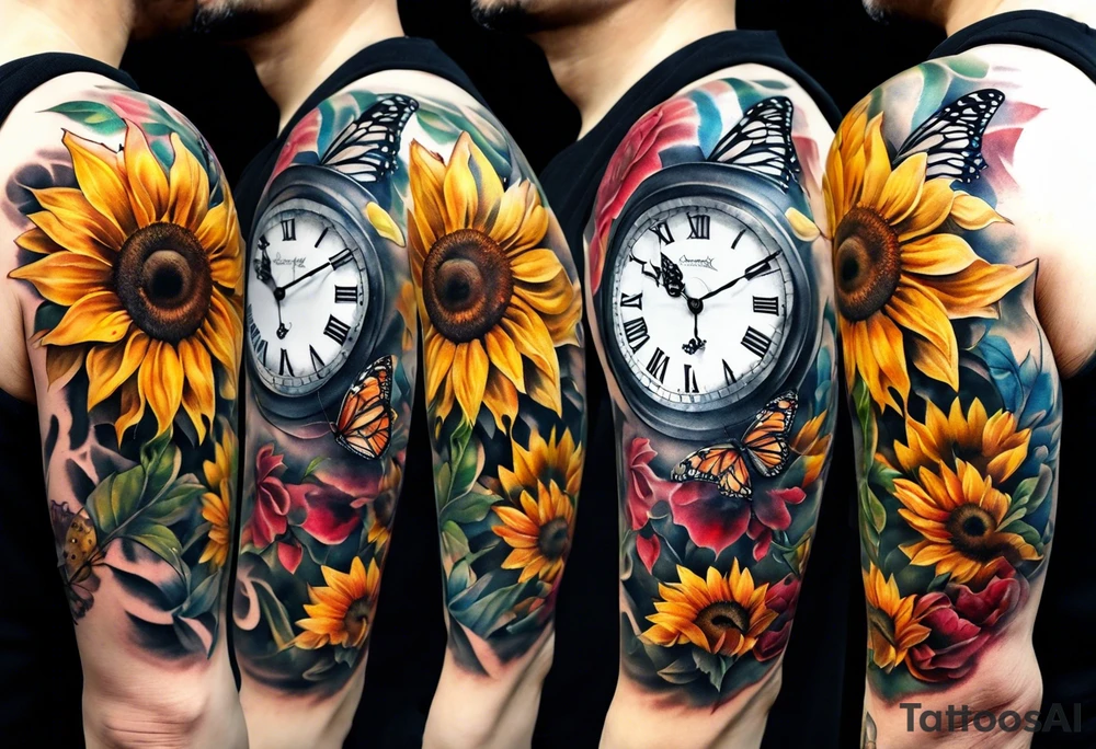 Sleeve with clock, sunflower and butterfly tattoo idea