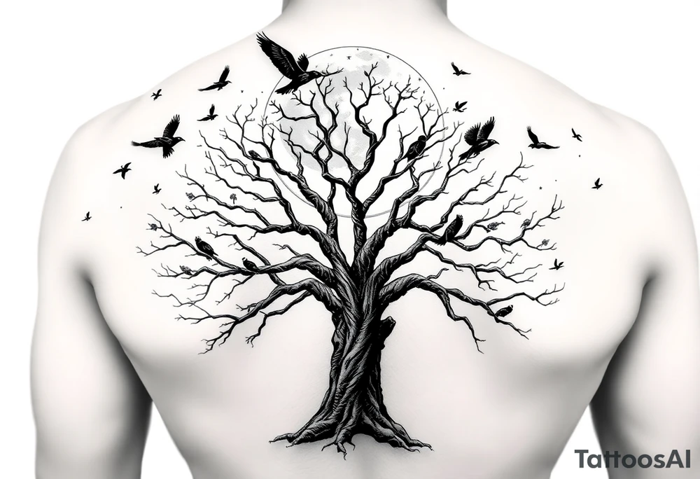 A very realistic, large tree of life that is bare with lots of crows flying  above it a moon that’s behind that covers my whole back and two Viking hatches that would go across my shoulder blades. This is a backpiece. tattoo idea