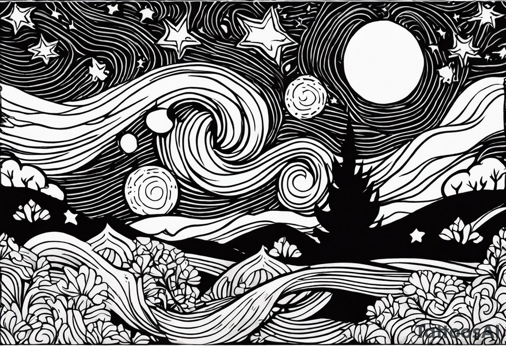 the starry night from van gogh but in tradi tattoo (old school) tattoo idea