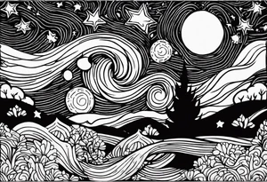 the starry night from van gogh but in tradi tattoo (old school) tattoo idea