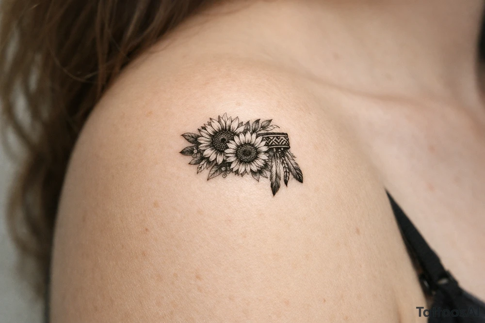 sunflowers with feathers and female Indian headband ribbon tattoo idea