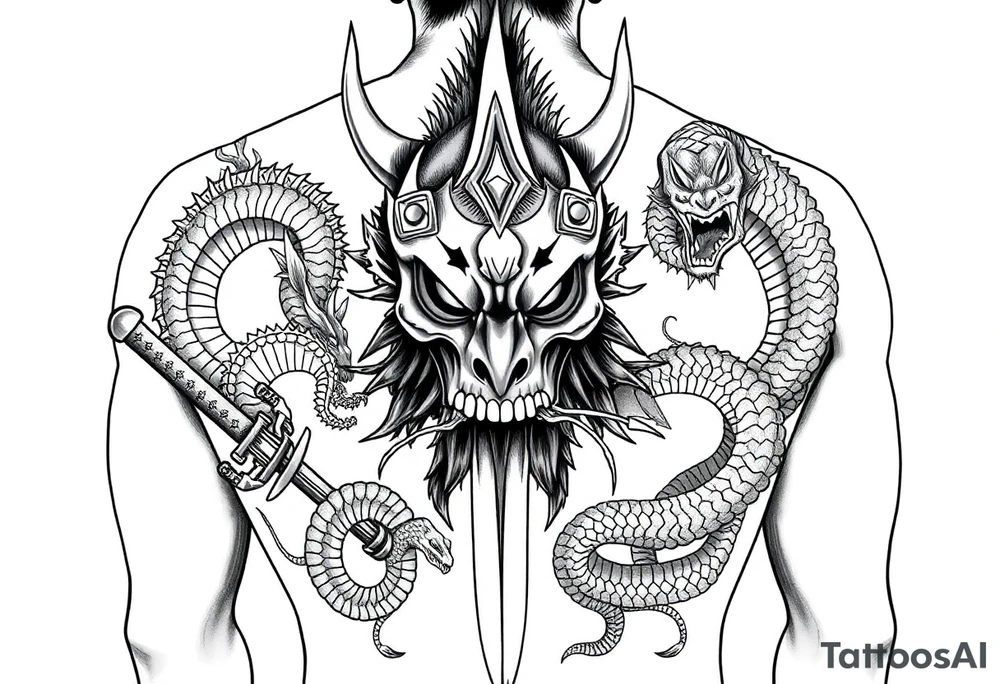 Back Tattoo with An Oni With a broken mask and a Sword, Dragons & snakes tattoo idea