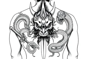 Back Tattoo with An Oni With a broken mask and a Sword, Dragons & snakes tattoo idea