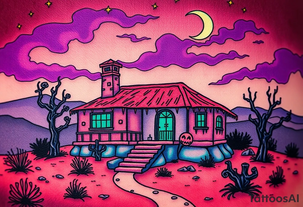 Tim Burton’s haunted desert bungalow is abandoned and dripping with muted reds, dusty pinks, and eerie green glow.purple and cyan smokey clouds swirl in the crescent moonlit sky thats sprinkled with stars tattoo idea tattoo idea