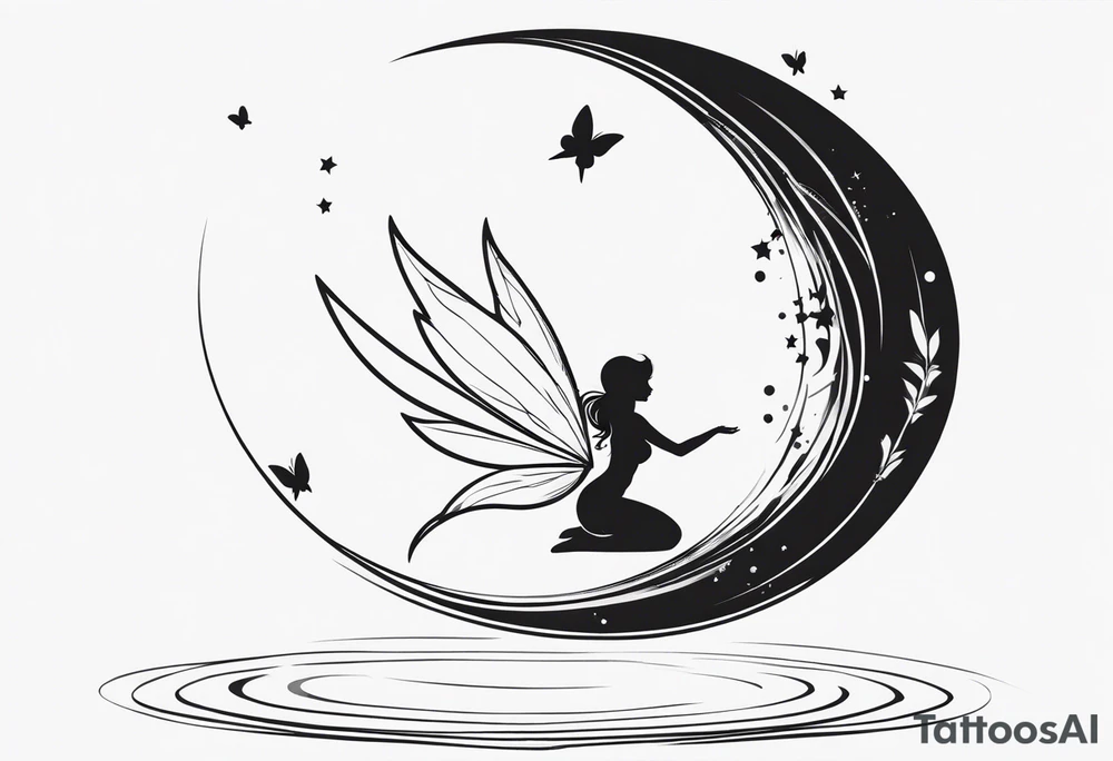 Minimalistic, monochromatic fairy with a tail flying to the left in a fetal position, leaning and looking in the same direction, with visible hands, embodying the 'Fairy Tail' logo aesthetic. tattoo idea