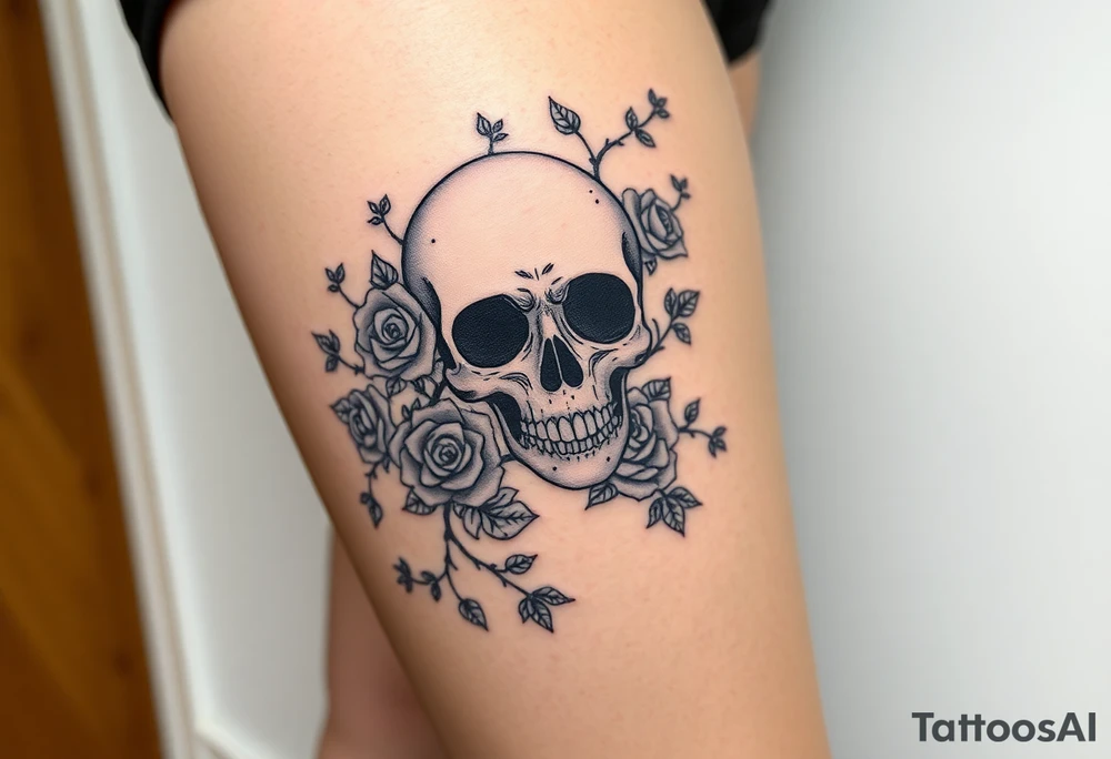 gothic skull intertwined with climbing roses and thorny vines tattoo idea