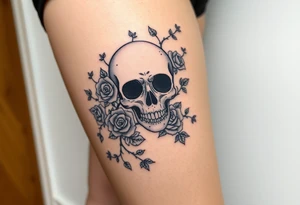 gothic skull intertwined with climbing roses and thorny vines tattoo idea