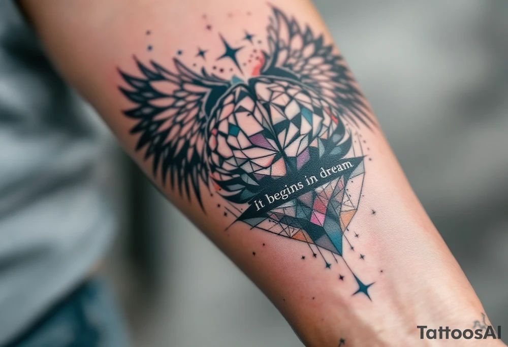 Tattoo inspired in the gifted brain in geometric and straight lines, with few watercolor details but mostly black, symbols representing intelligence, creativity and dreaming flying arround, the phrase "It begins with a dream", and raven wings behind tattoo idea