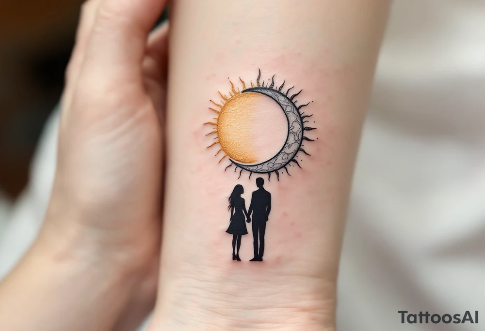 A sun and moon in a symmetrical design, with the couple’s silhouettes standing together beneath them, hands joined. Warm gold for the sun, cool silver for the moon, and black for the couple’s silhouettes. tattoo idea