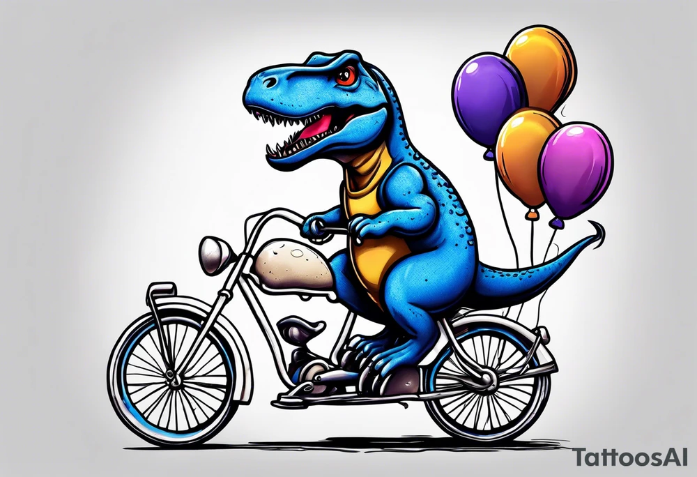 Trex riding a bicycle holding balloons tattoo idea