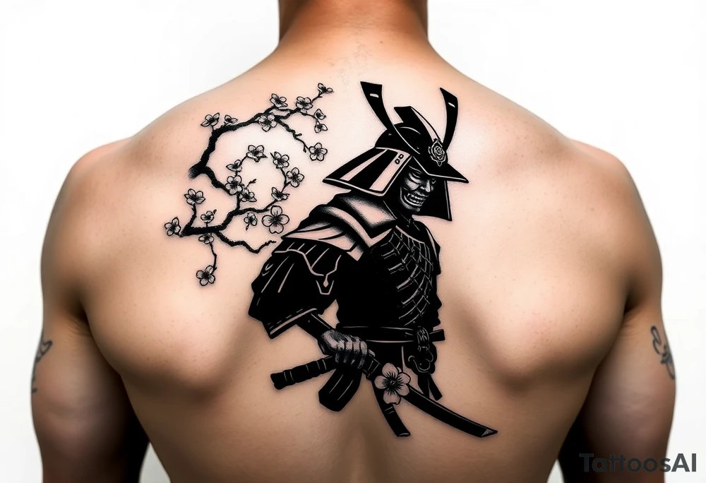 noble samurai warrior silhouette at sunset with cherry blossoms tattoo idea