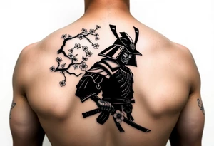 noble samurai warrior silhouette at sunset with cherry blossoms tattoo idea