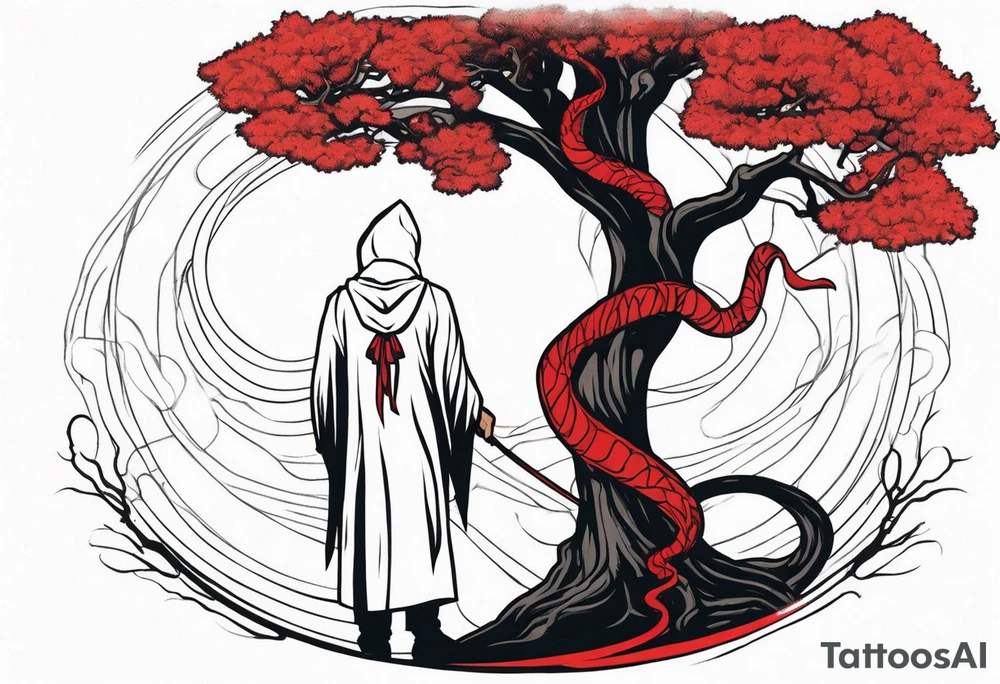 Hooded man in white. Right hand up. Left hand holding a bow. A one red and one white snake intertwining going up the front of the robe. Large oak tree behind him. And two paths going around him and the tree. tattoo idea