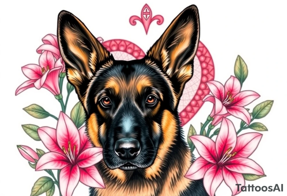 realistic german shepherd with alert ears looking protective surrounded by pink lilies with leaves in front of a sacred heart tattoo idea