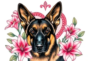 realistic german shepherd with alert ears looking protective surrounded by pink lilies with leaves in front of a sacred heart tattoo idea