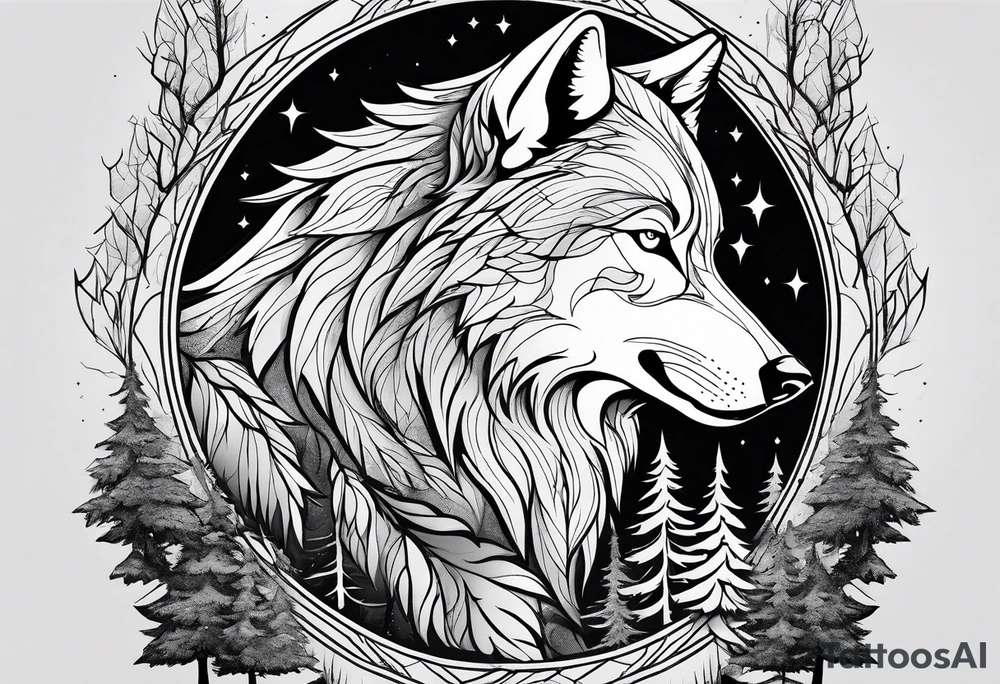 Male and female wolf surrounded by woods tattoo idea