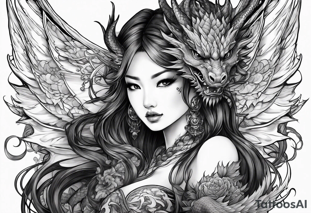 beautiful warrior nymph with dragon wings and dragon friends tattoo idea