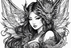 beautiful warrior nymph with dragon wings and dragon friends tattoo idea