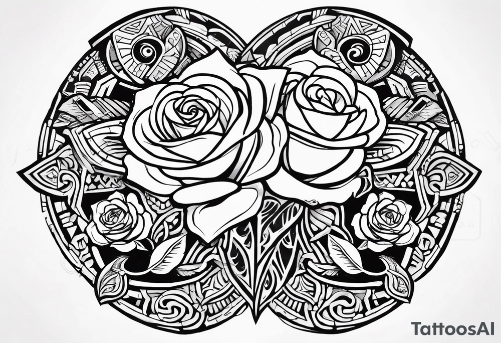 Design a masculine tattoo depicting three delicate rose buds being embraced and protected by a pile of Aztec weapons. The weapons should include elements such as the macuahuitl (Aztec sword-club), obsidian blades, and shields, arranged in a way that forms a protective circle or embrace around the roses. Carve the entire image as if it were a stone sculpture by an ancient Aztec artist, with the texture resembling intricately detailed stone carvings. The roses should be slightly softer but still stylized in stone, giving the entire tattoo a powerful, yet artistic and ancient feel. Use bold, sharp lines to capture the essence of Aztec craftsmanship tattoo idea